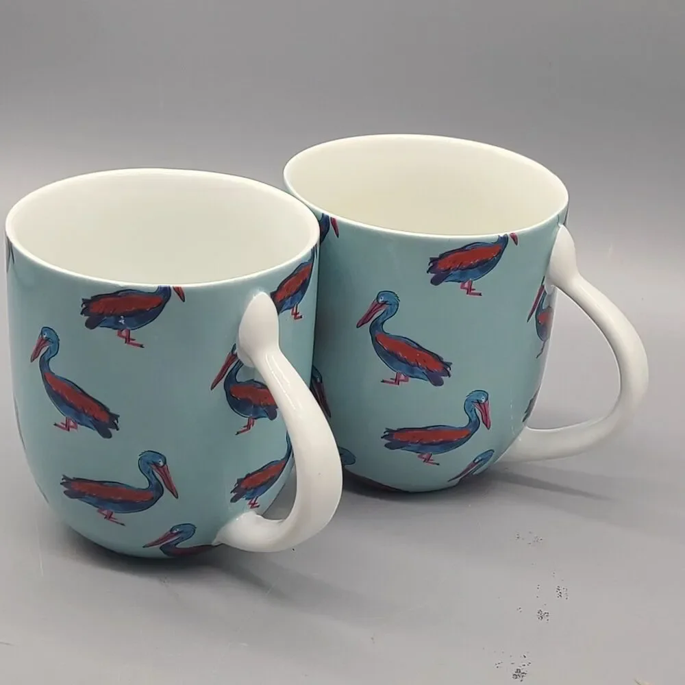 Set (2) Fabienne Chapot Pelican Ceramic Coffee Mugs Cups 14 oz Netherlands New